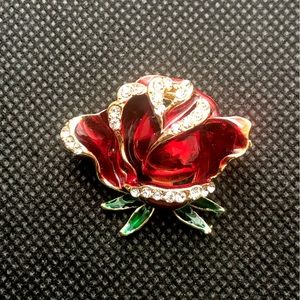 Vintage Rose Rhinestone Brooch Enamel Pin